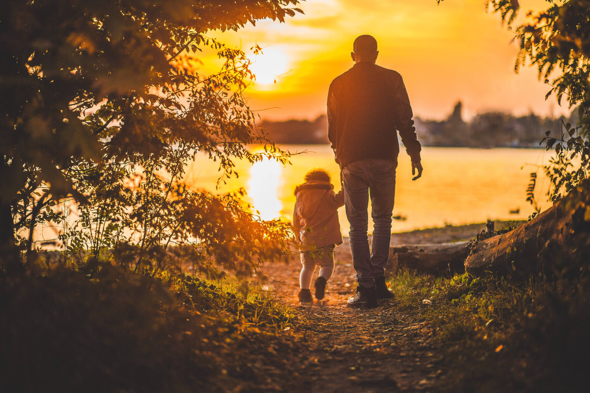 Sunset walk near lake, man holds child hand