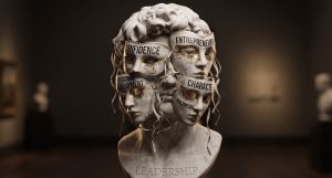 Sculpture of a head with words like confidence, character, and entrepreneurship on the face.