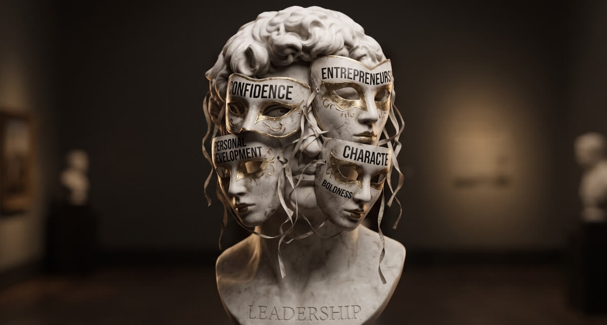 Sculpture of a head with words like confidence, character, and entrepreneurship on the face.